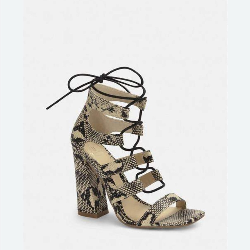 Snakeskin Lace-Up Block Heel Sandals